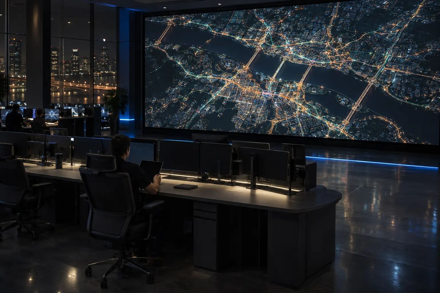 Concept scene of a command-center interior where a large LED video wall shows a realistic dim city traffic map with no readable text while a staff member reviews a tablet; illustrative only, not a real installation, report, or certification record.