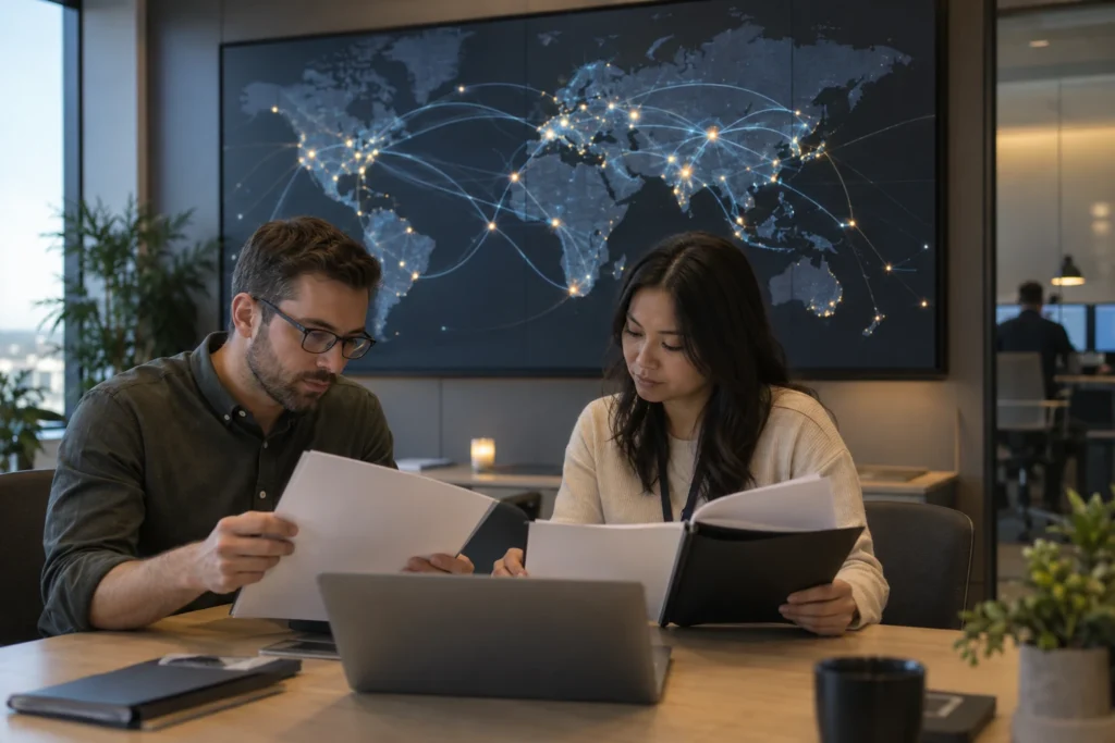 Concept scene of a procurement review table where two buyers compare printed test-report folders beside a laptop, with a control-room LED wall in the background showing a realistic dim network overview map and no readable text; illustrative only, not a real certification record, report, or product evidence.