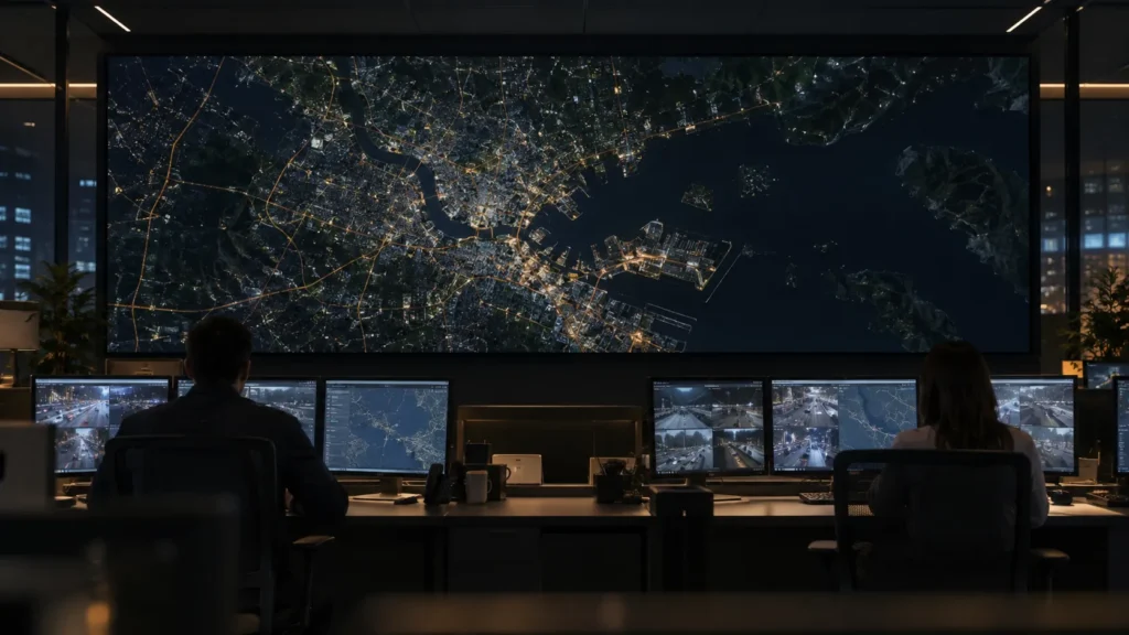 Concept scene of a control room where a large LED video wall shows a realistic dark map-style operations graphic while technicians work at desks; illustrative only, not a documented installation or live system result.