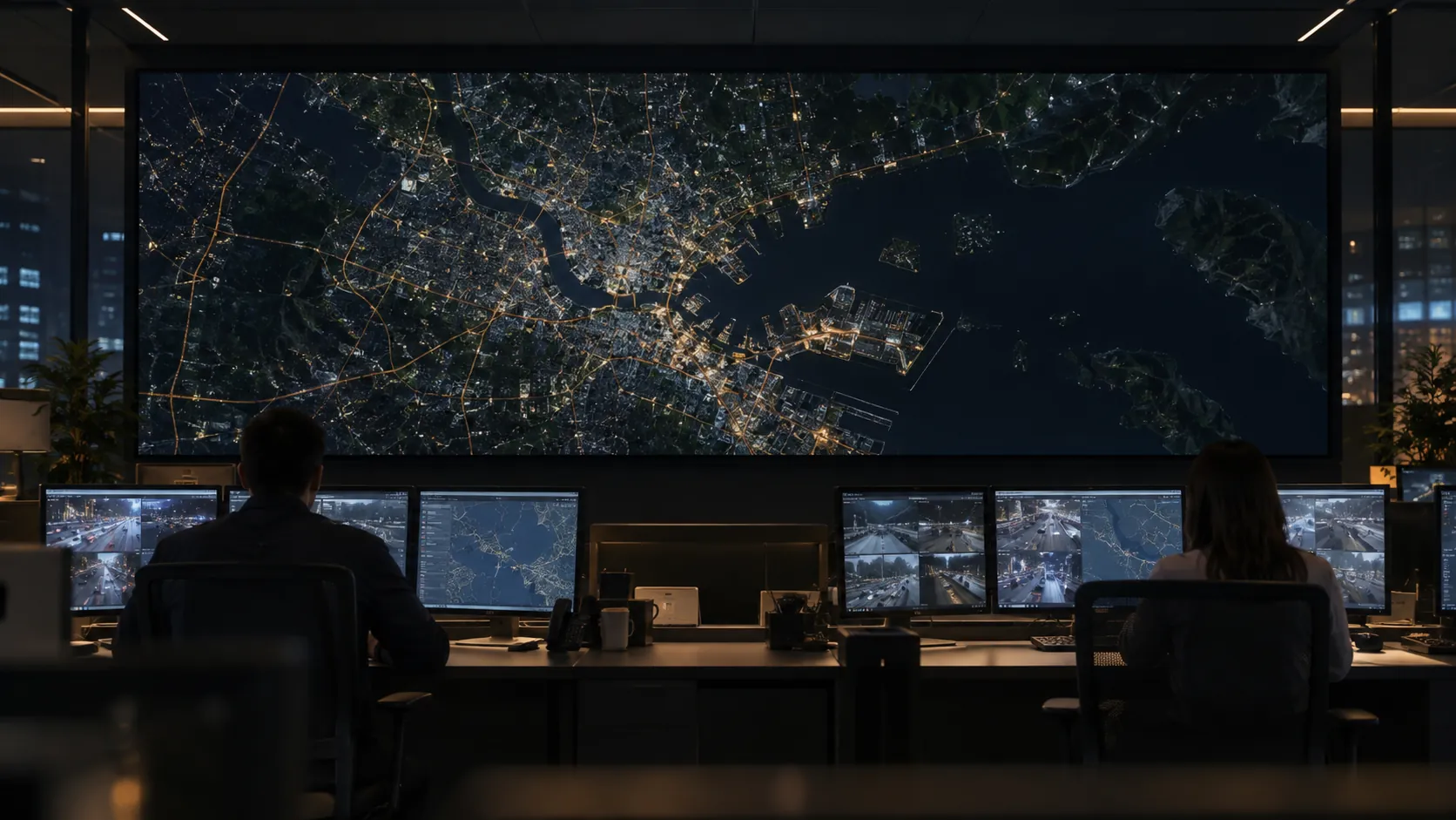 Concept scene of a control room where a large LED video wall shows a realistic dark map-style operations graphic while technicians work at desks; illustrative only, not a documented installation or live system result.