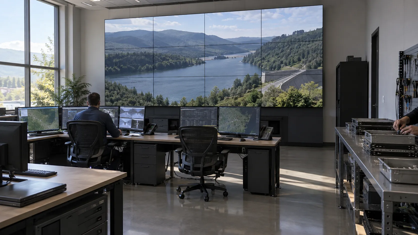 Concept scene of a control room where the LED wall shows a realistic dark operations graphic and a maintenance workbench sits in the room with spare stock staged in the background; wide scene, illustrative only, not a documented installation or product evidence.