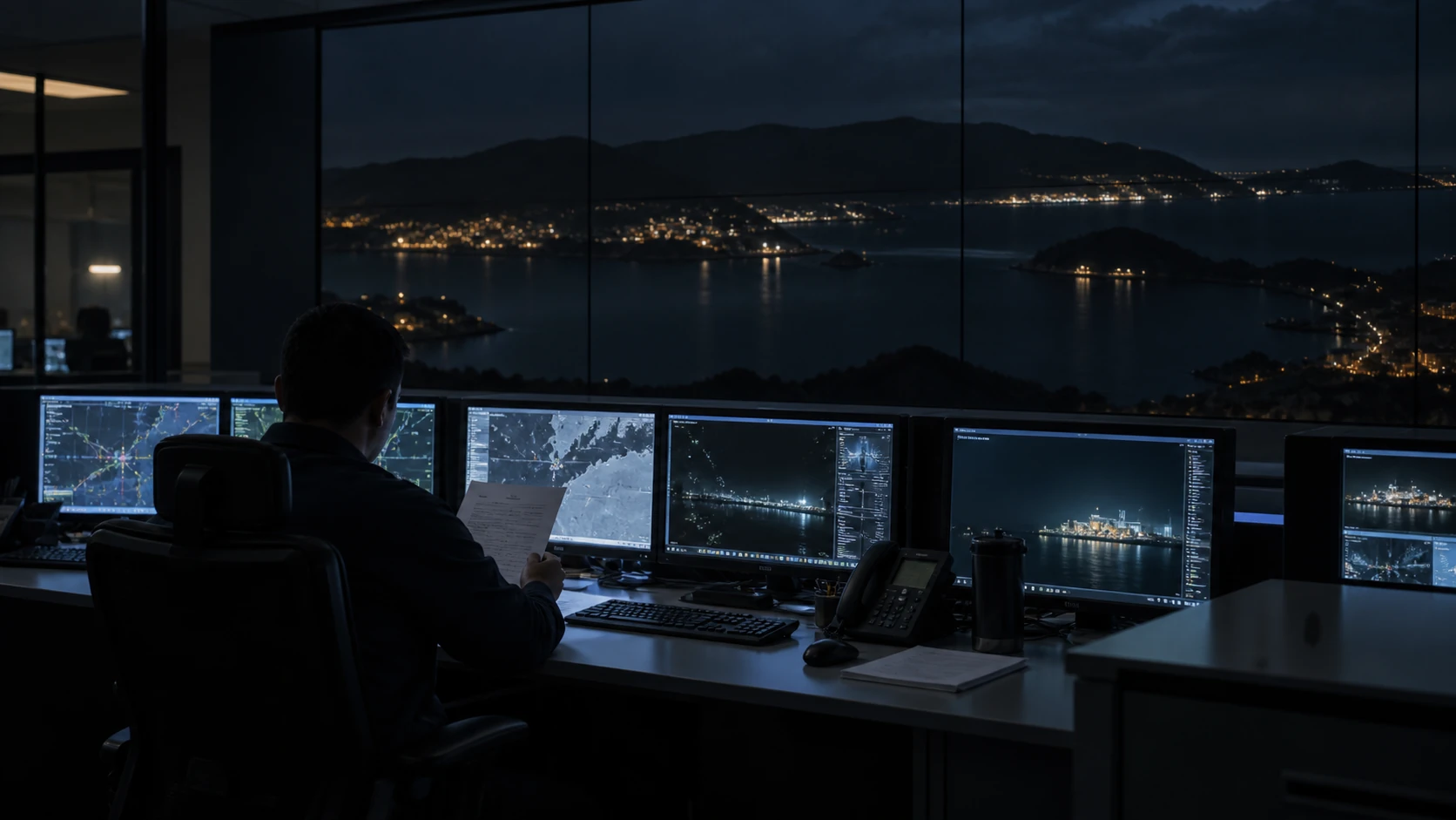 Concept scene of a control room at night where the LED wall shows a realistic dim map view and an operator reviews a checklist at the console; illustrative only, not contract or installation evidence.