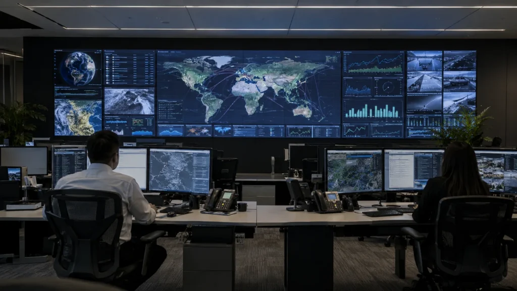Concept scene of a 24/7 municipal operations control room with operators seated at consoles in front of a wide front-service LED video wall displaying realistic multi-window data feeds; illustrative planning concept only, not an actual installation, measured performance, or product endorsement.