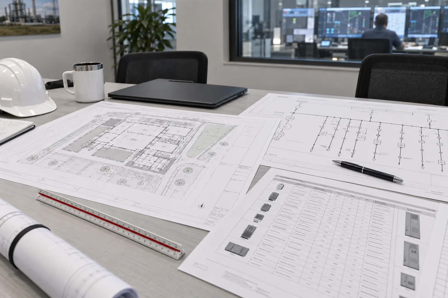 Concept scene of an engineering project review desk showing system schematics, power distribution drawings, and equipment schedules for a control room display upgrade; illustrative planning concept only, not a specific commercial bid or product guarantee.