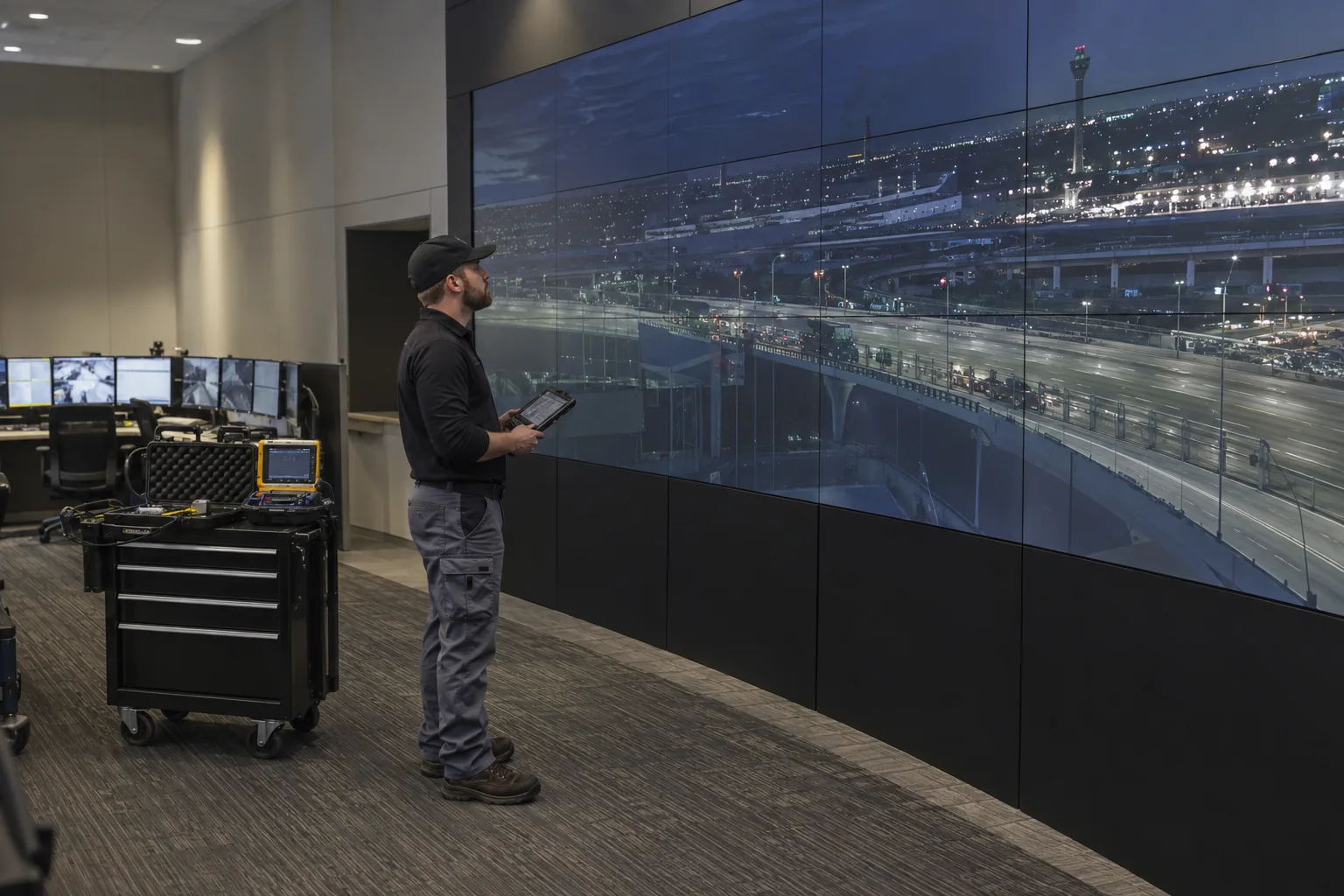 Concept scene of a field service technician performing routine front-access inspection on an LED video wall in a control facility, with test gear placed on a mobile workcart; illustrative planning concept only, not a real service record or warranty proof.