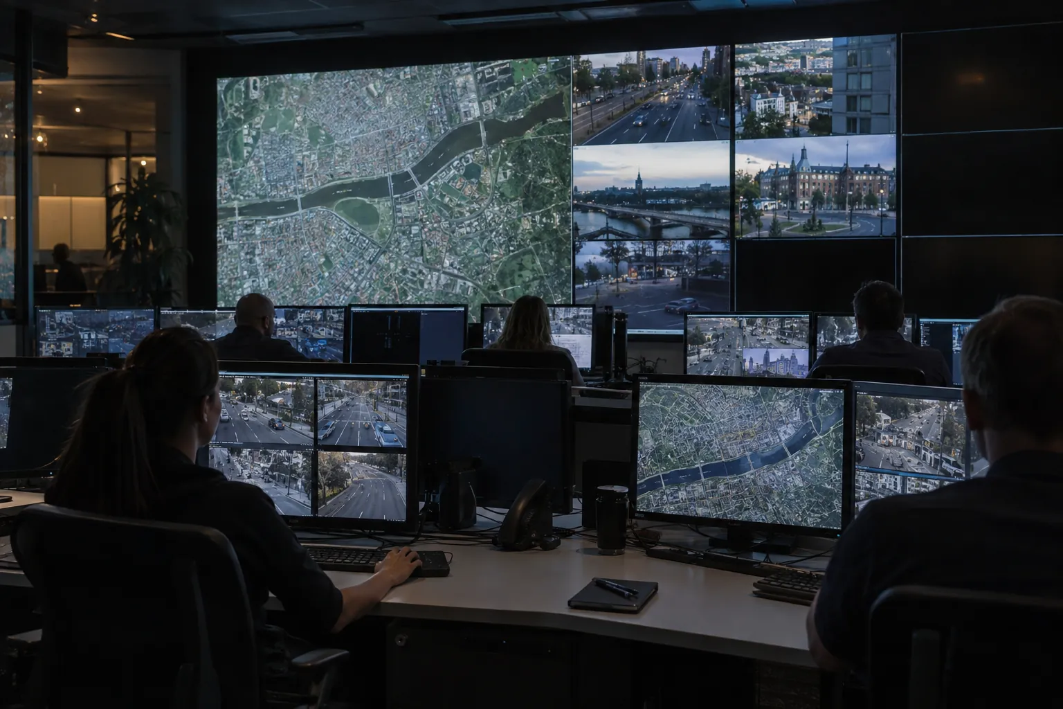 Concept scene: an operations control room with a large LED video wall showing a realistic muted city map and camera views with no readable text, operators at desks in low ambient light; illustrative only, not a real installation, product, performance or availability record.