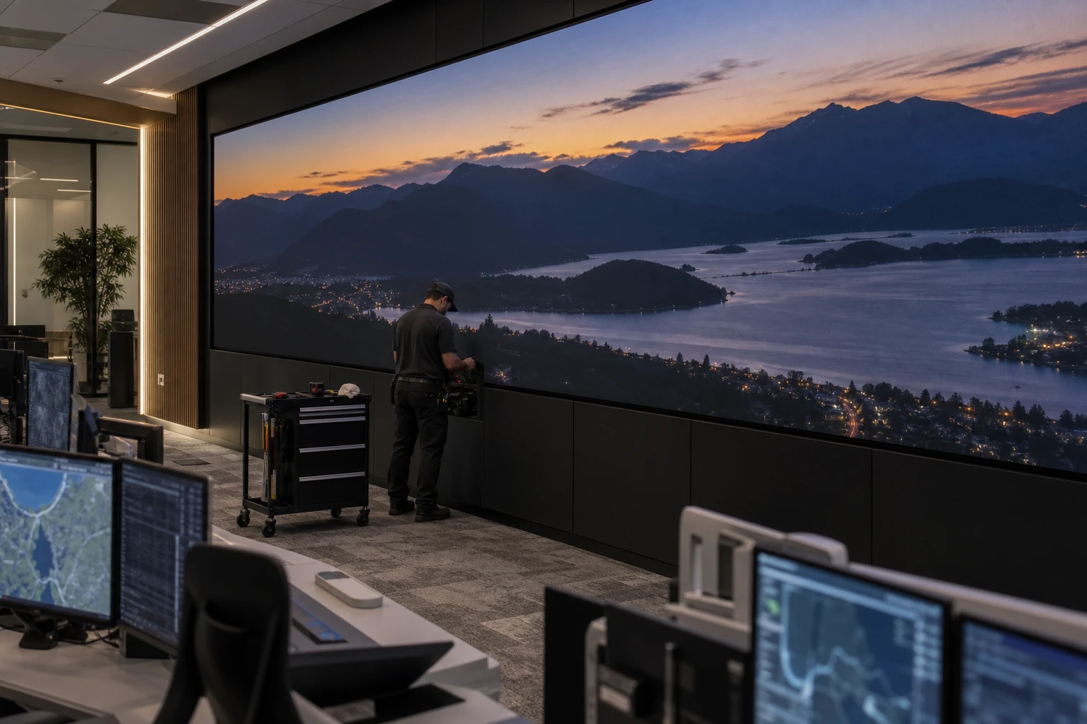 Concept planning scene: a technician and tool cart beside a large indoor video wall showing a dim landscape, with operator consoles in the foreground; illustrative only, not a real installation or service record.