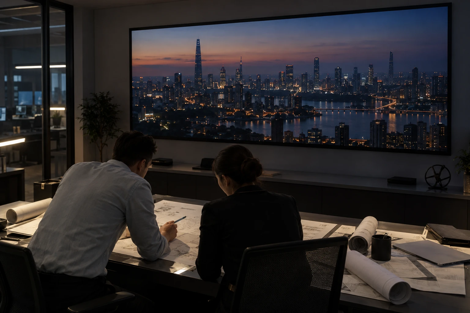 Concept planning scene: two people review printed drawings at a bench in a dim control-room annex, a large display wall behind them showing a city skyline at dusk; illustrative only.