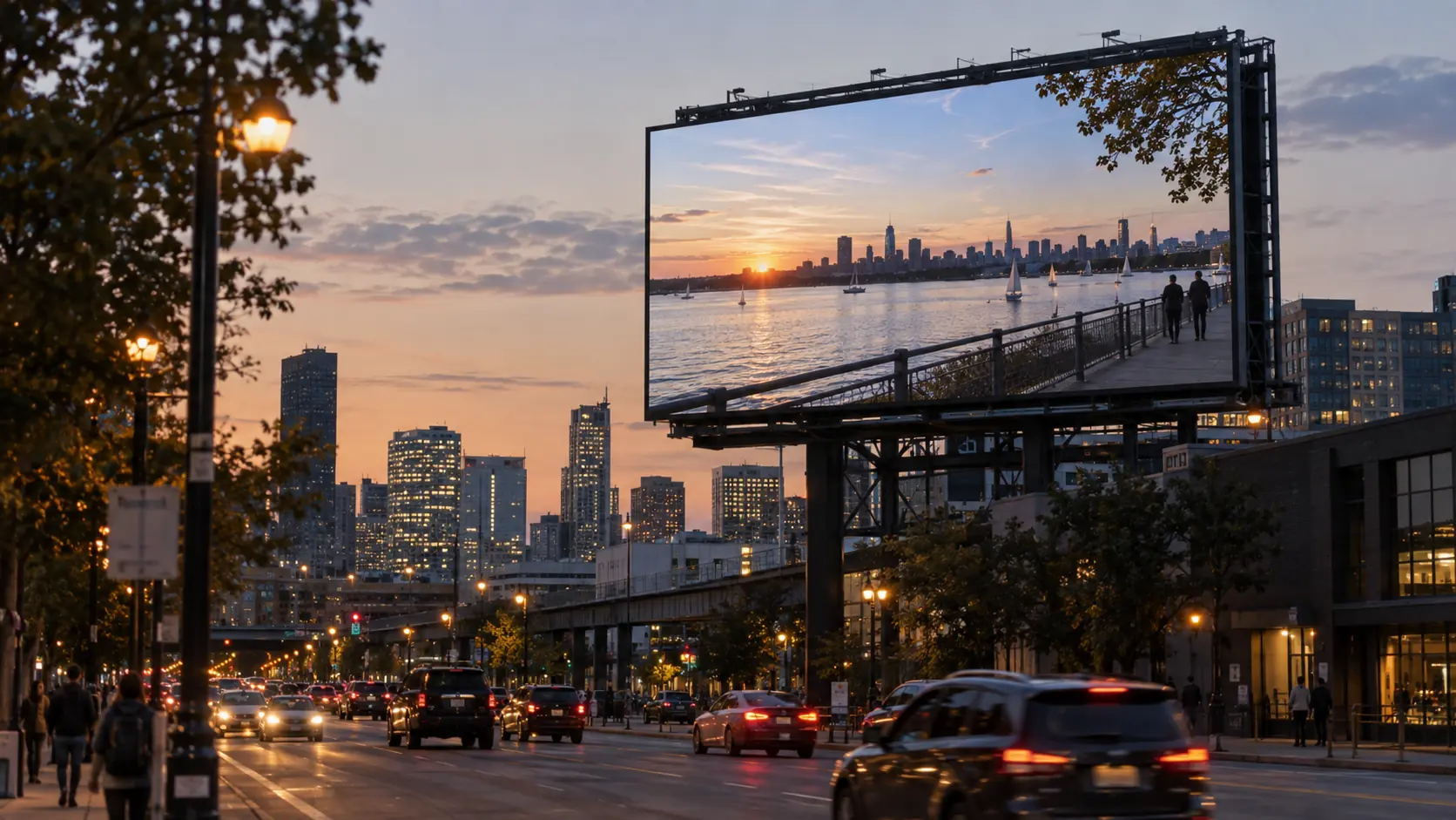Concept scene: a large outdoor LED billboard above a city street at dusk shows a realistic waterfront photograph with no readable text; illustrative only, not a real installation or product evidence.