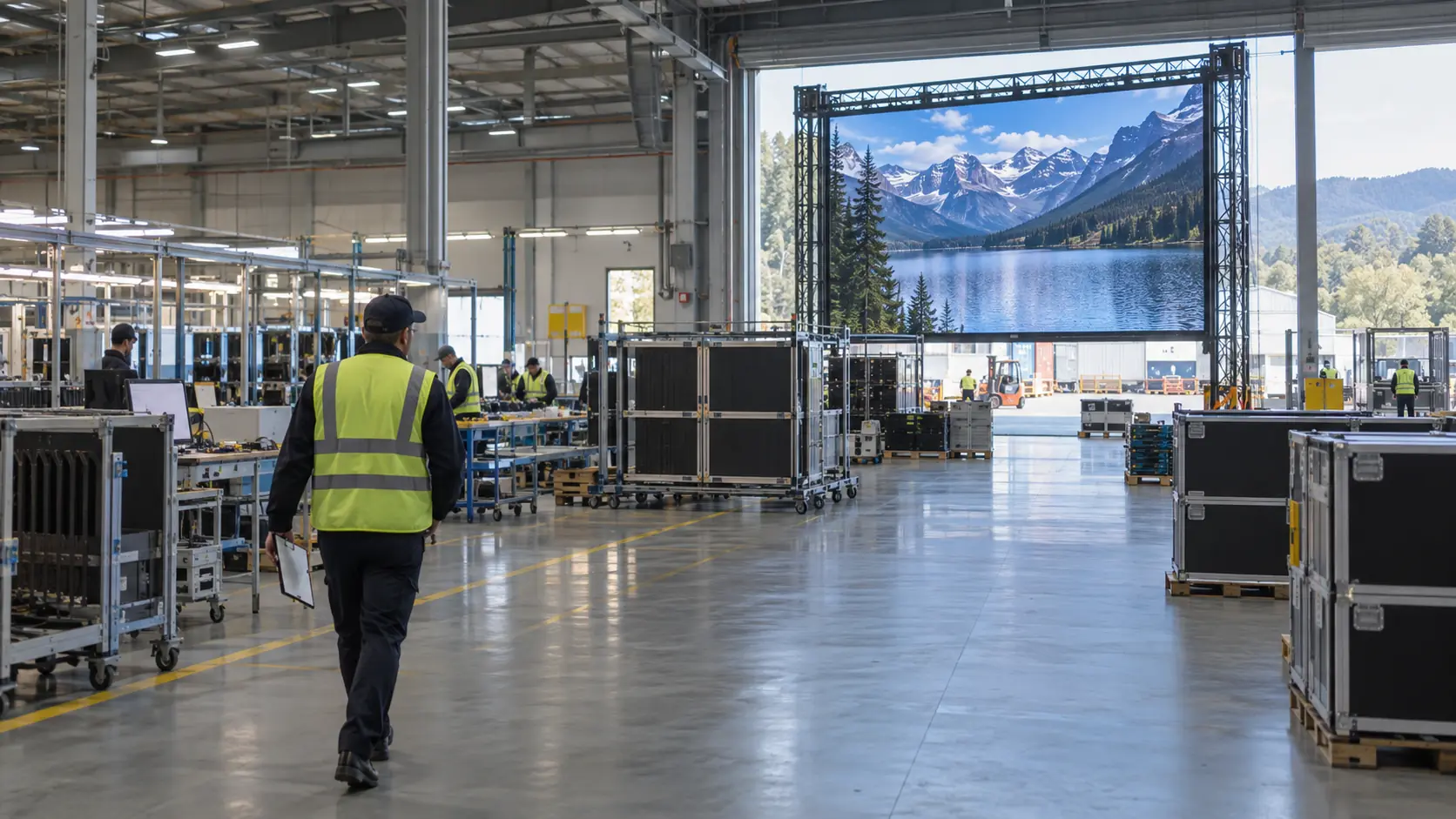 Concept scene: a third-party inspector walks a large LED display factory floor with a clipboard while an outdoor LED billboard visible in the distance shows a realistic photographic landscape; illustrative only, not a documented audit result.