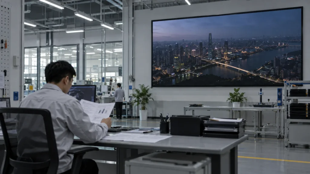 Concept scene: an engineer reviews a printed compliance report at a factory QC desk while a large LED display in the background shows a dim city map; illustrative only, not a certificate, installation or product evidence.