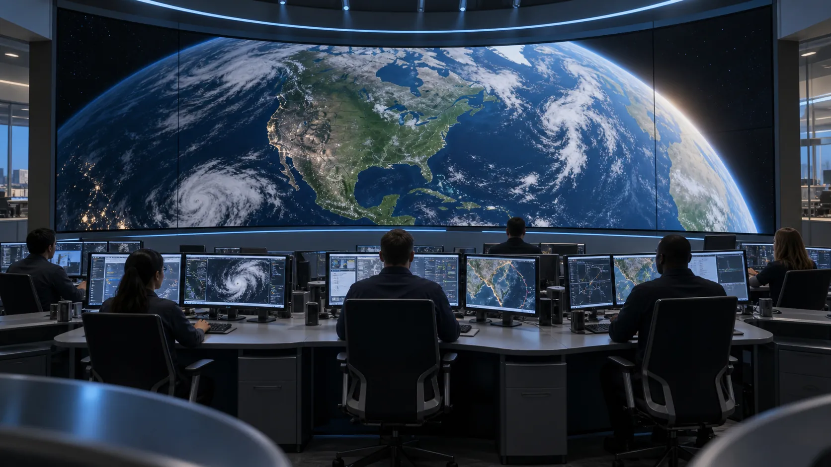 Concept scene: operators in a control room face a large LED video wall showing a realistic earth-from-space view; illustrative only, not a documented installation or product evidence.