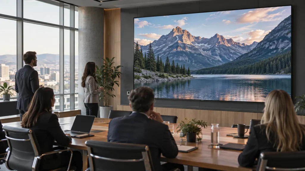 Concept scene: professionals in a meeting room view a large LED video wall showing a realistic mountain landscape; illustrative only, not a documented installation or product evidence.