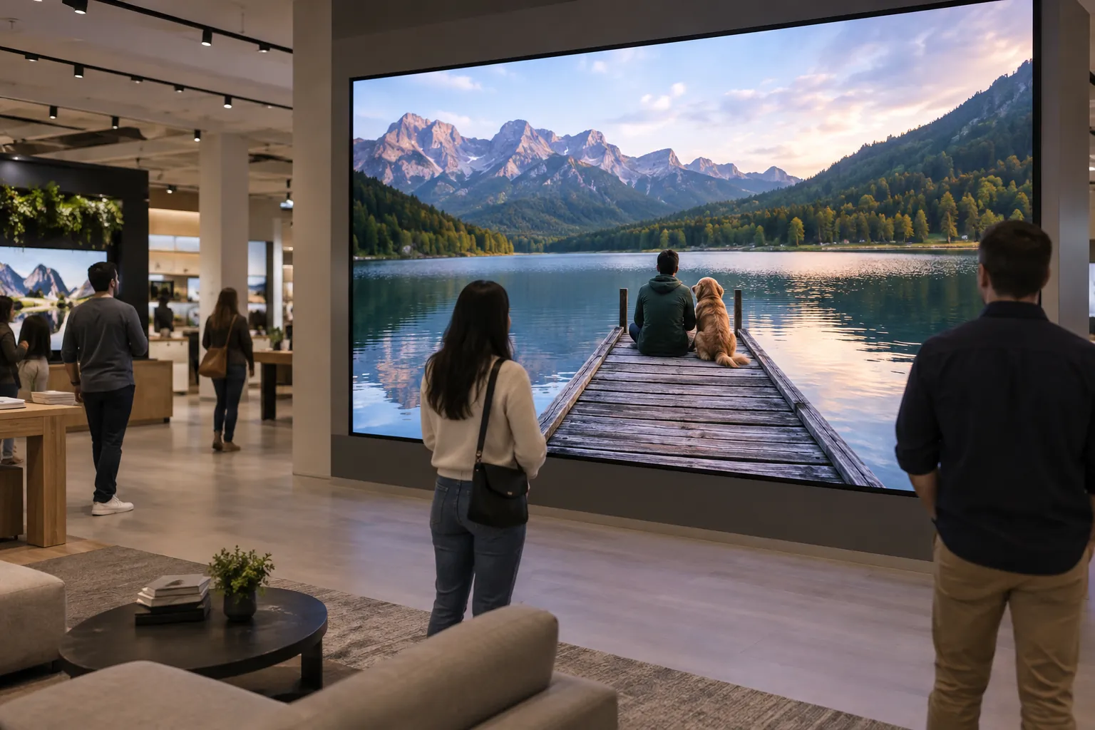 Concept scene: shoppers in a retail showroom view a large LED display wall showing realistic lifestyle imagery; illustrative only, not a documented installation or product evidence.