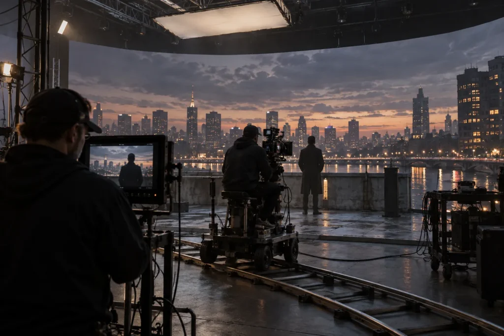 Concept scene: a virtual-production studio with a camera on a dolly facing a curved LED volume showing a realistic muted dusk-city landscape with no readable text, a crew member checking the monitor; illustrative only, not a real installation, product or performance record.