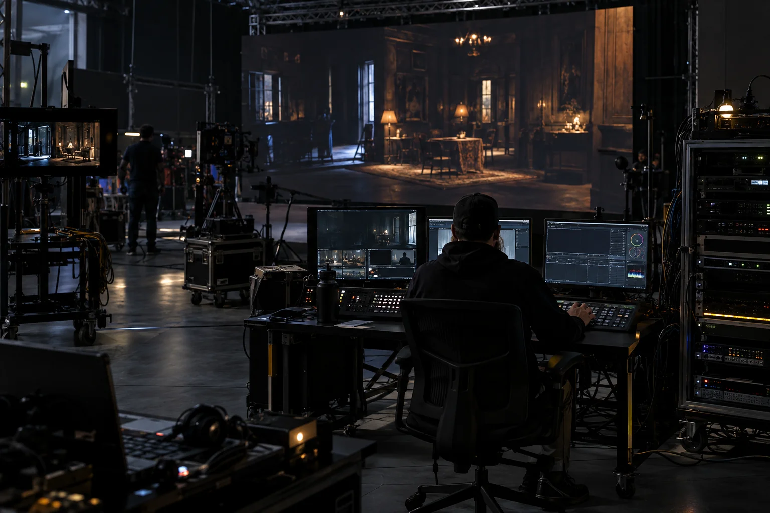 Concept scene: a video engineer at a processor rack in a virtual-production control area, a wall behind showing a realistic dim interior set image with no readable text; illustrative only, not a real installation, product or workflow record.