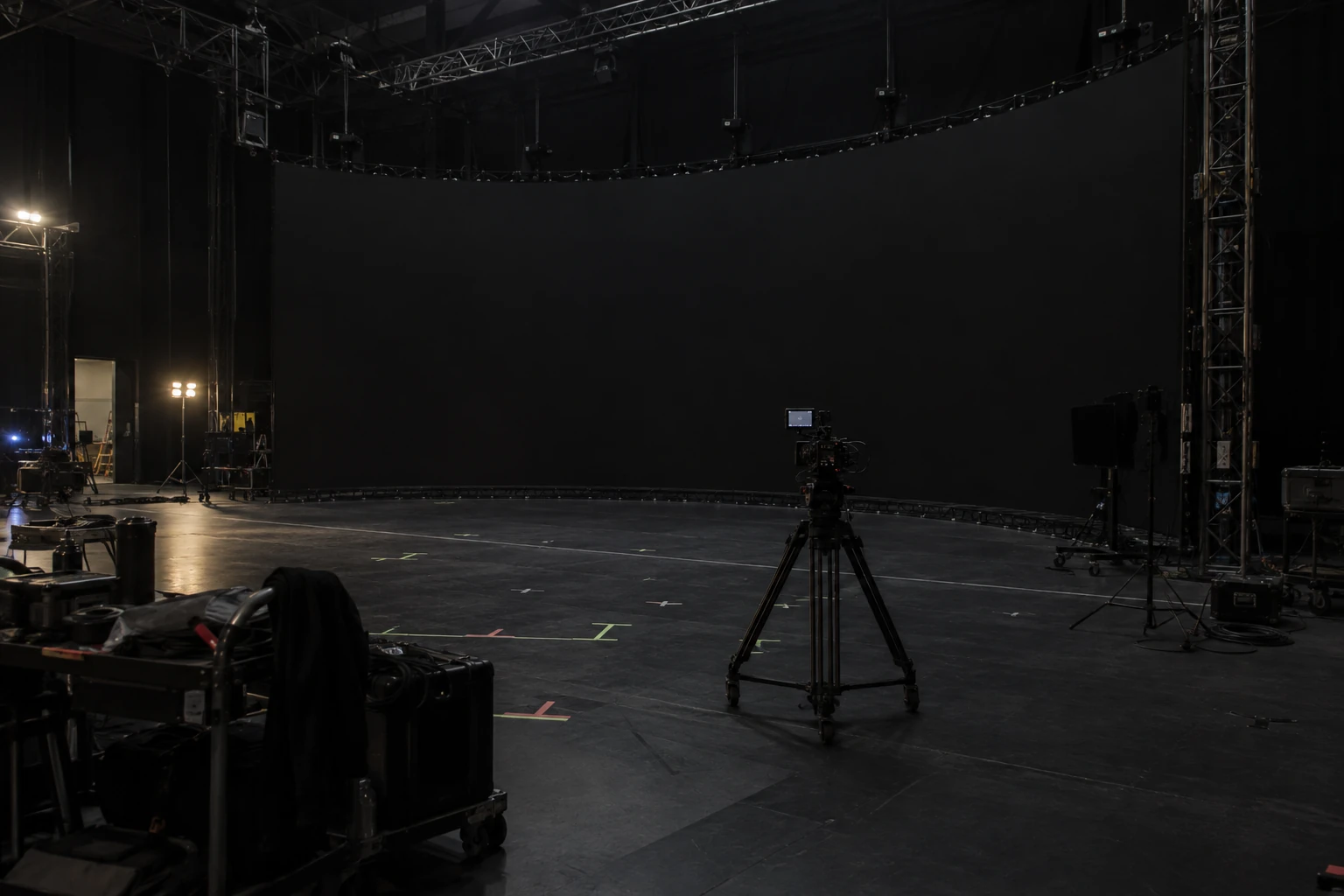 Concept scene: a darkened soundstage with a large LED wall in a deep off or very dark state between camera tests, tape marks and a camera tripod on the floor; illustrative only, not a real installation, product or test-result record.