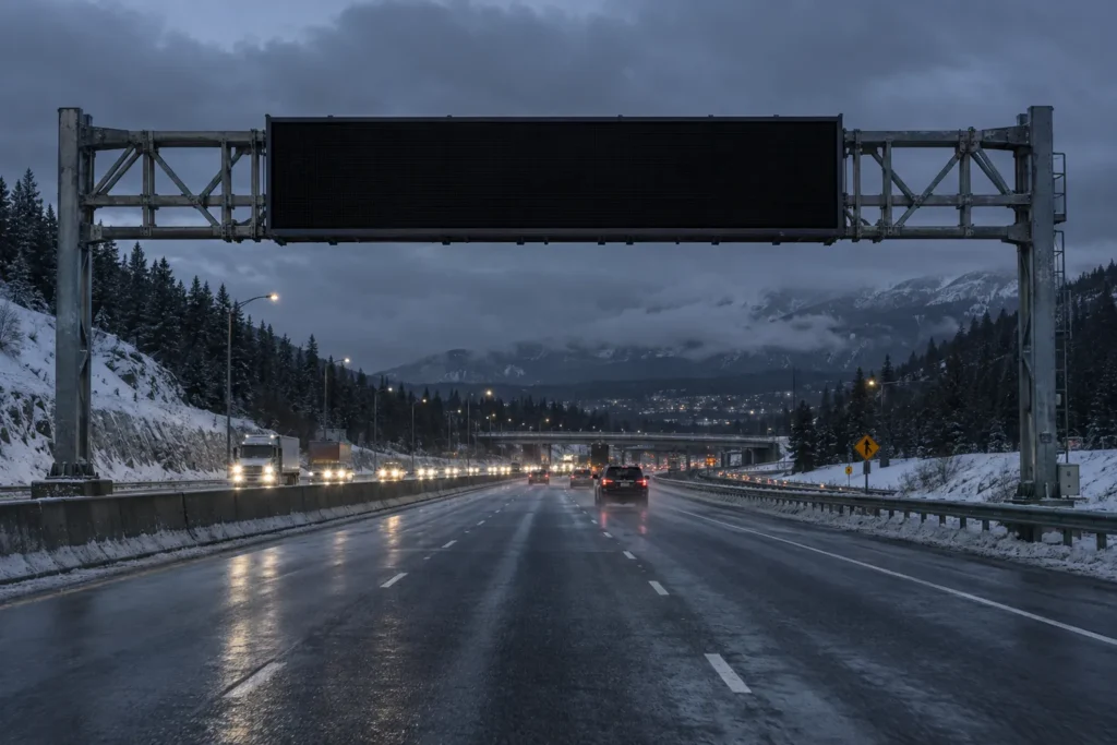 Concept scene of a highway gantry variable message sign at dusk in winter conditions, the sign face dark and switched off with no readable message; illustrative only, not a real installation, product, performance or certification record.