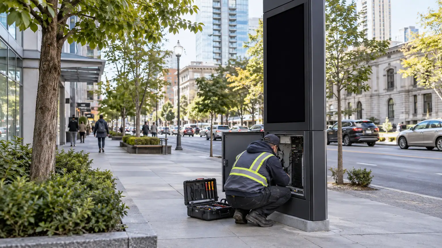 Concept scene of a technician inspecting the service compartment at the base of a street-side smart pole while the pole display above stays dark and off; illustrative concept only, not a documented maintenance procedure, product or certification record.