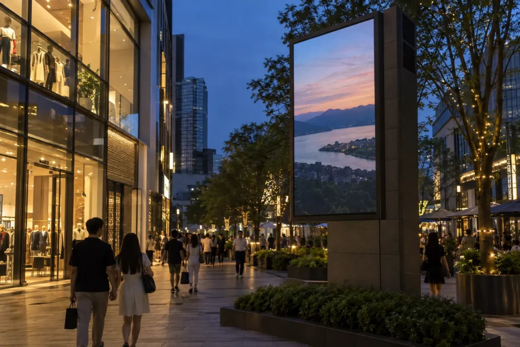 Concept scene of a vertical outdoor digital sign in a pedestrian shopping district at dusk; not a real installation or maintenance record.