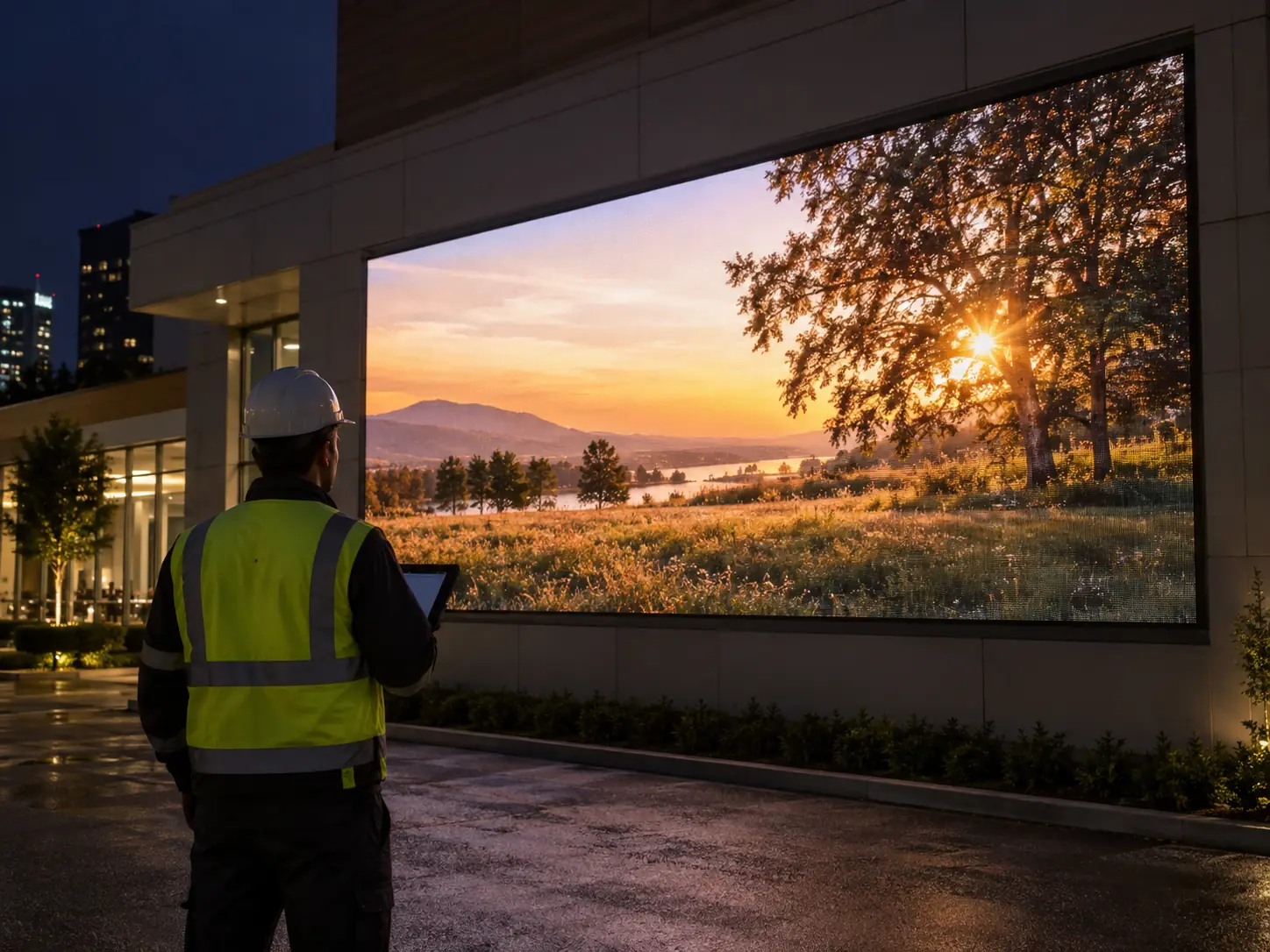 Concept scene of a service technician at night reviewing a large outdoor LED wall displaying a realistic warm landscape image with no readable text; illustrative only, not a real calibration result, installation or product record.