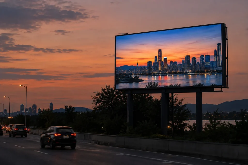 Concept scene of a roadside full-color LED billboard at dusk showing realistic city-skyline imagery with no readable text; illustrative only, not a real installation, product, performance or certification record.