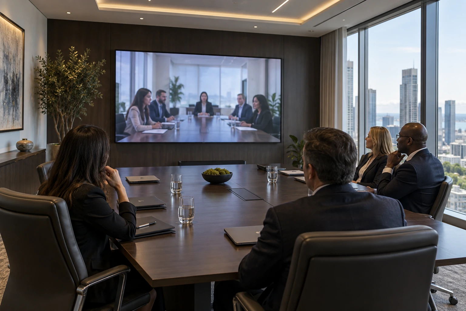 Concept scene of a conference room where a fine-pitch LED display replaces a single large LCD panel, the display showing a realistic video-conference table view; not an actual installation, product or certification record.