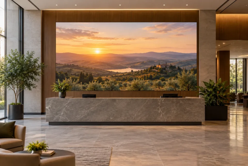 Concept scene of a corporate lobby where a seamless LED video wall shows a realistic warm welcome scene with soft landscape imagery and no readable text; illustrative only, not a real installation, product, performance or certification record.