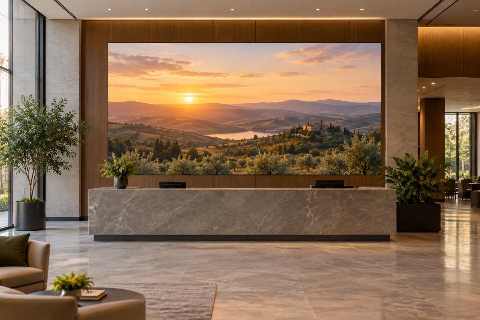 Concept scene of a corporate lobby where a seamless LED video wall shows a realistic warm welcome scene with soft landscape imagery and no readable text; illustrative only, not a real installation, product, performance or certification record.