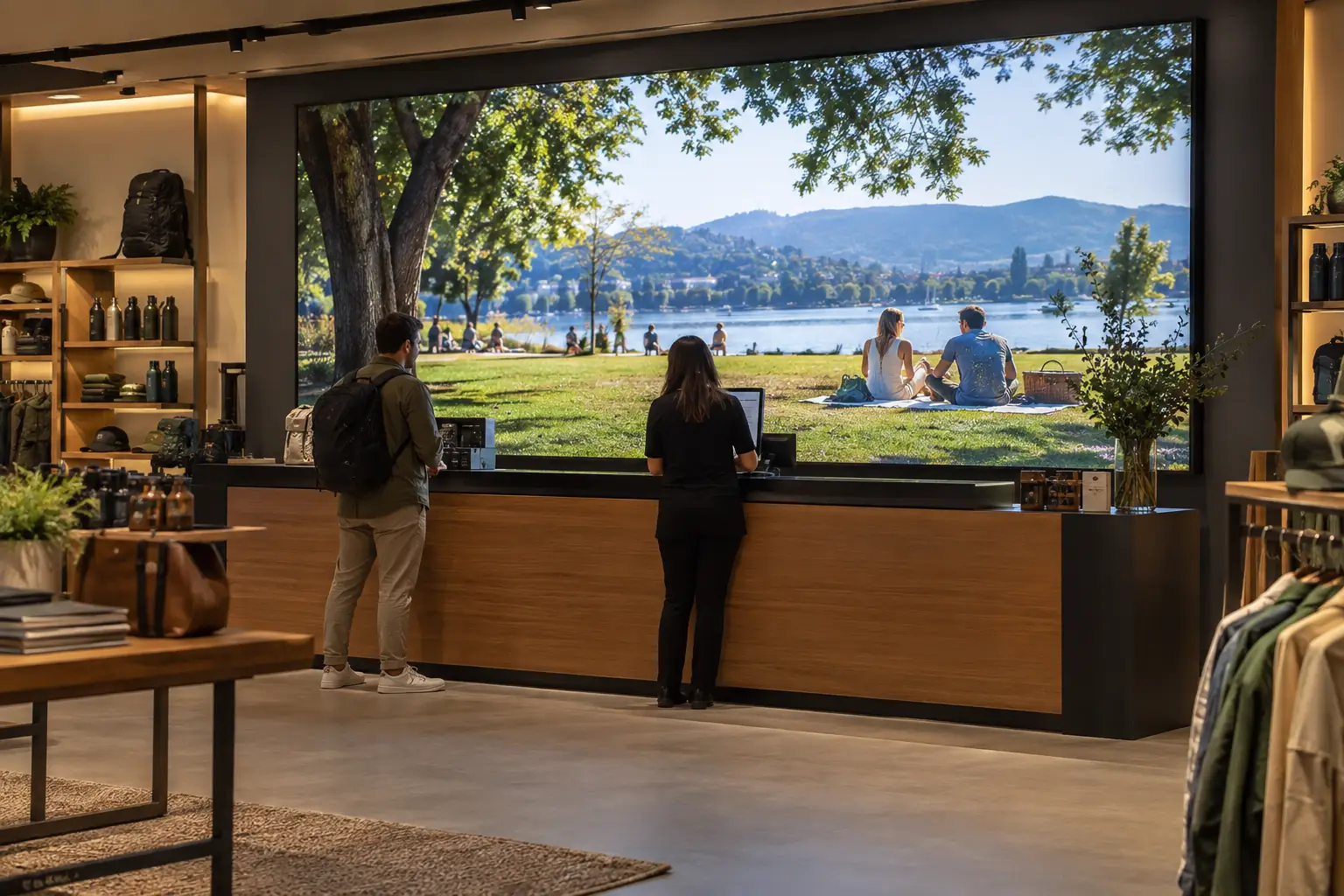 Concept scene of a retail flagship counter area where a seamless LED video wall replaces an old multi-screen grid, the wall showing realistic product-adjacent lifestyle imagery; not an actual installation, performance or maintenance record.