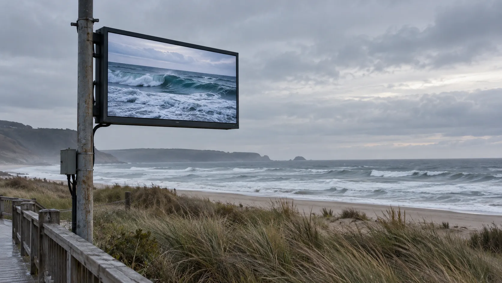 Concept scene of a coastal-site LED display on a pole above dunes, screen showing a realistic ocean-wave view under overcast salt-air light; illustrative only, not a corrosion-test record.