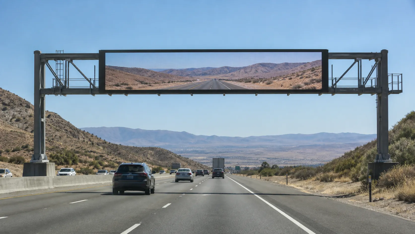 Concept scene of a highway gantry LED sign showing a realistic open-road view over dry hills under harsh midday sun; illustrative only, not a site survey or thermal test evidence.