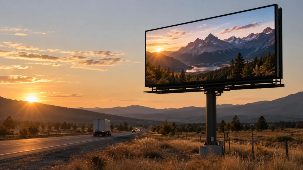 Concept scene of a roadside LED sign on a steel mast beside a highway at golden hour showing a realistic mountain sunrise landscape; illustrative only, not a documented installation.