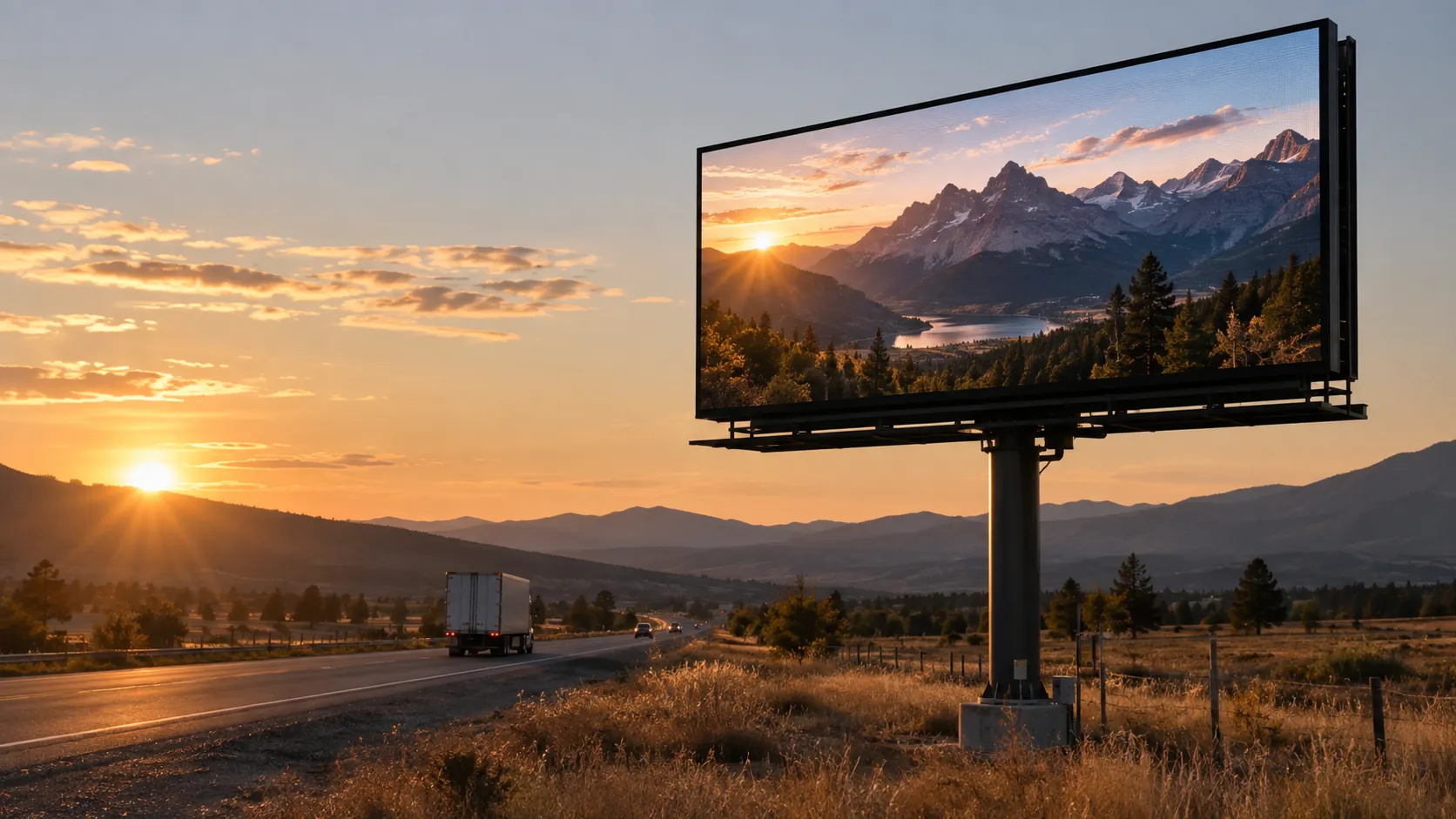 Concept scene of a roadside LED sign on a steel mast beside a highway at golden hour showing a realistic mountain sunrise landscape; illustrative only, not a documented installation.