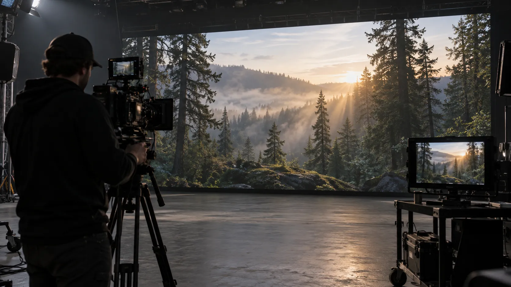 Concept scene of a camera operator filming an LED wall on a stage; the wall shows a realistic forest-at-dawn landscape and the playback monitor shows the same scene; illustrative only, not a real shoot or test result.