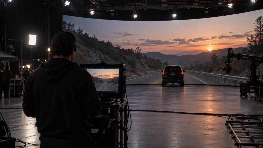 Concept scene of a virtual-production stage where a curved LED wall shows a realistic dusk-road landscape while a crew member reviews a recorded clip on a monitor; illustrative only, not a documented installation or measured result.