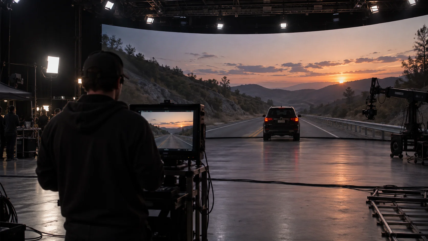 Concept scene of a virtual-production stage where a curved LED wall shows a realistic dusk-road landscape while a crew member reviews a recorded clip on a monitor; illustrative only, not a documented installation or measured result.