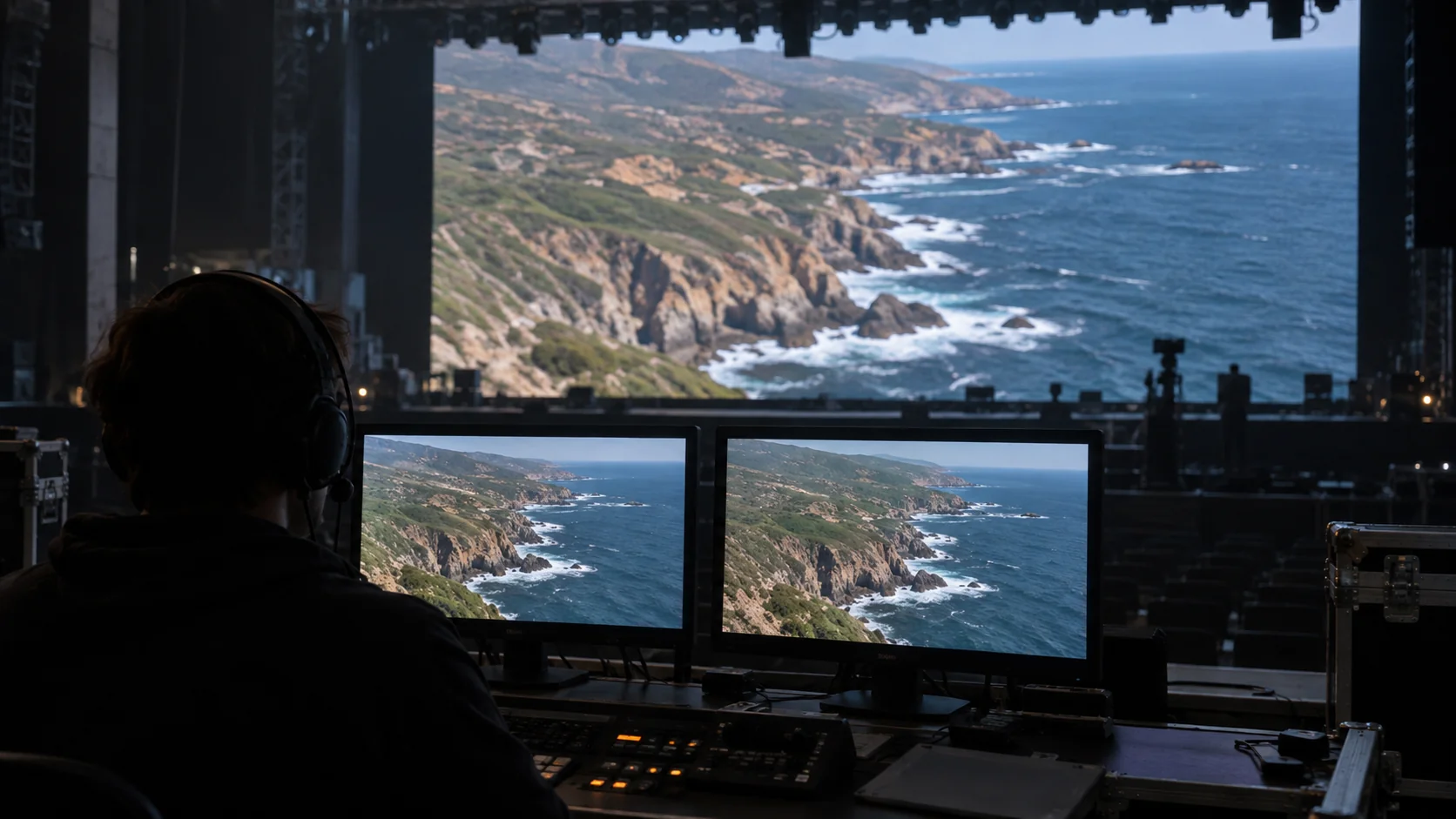 Concept scene of a control station on a production stage where screens show a realistic coastal landscape also displayed on the LED wall behind; illustrative only, not calibration evidence.