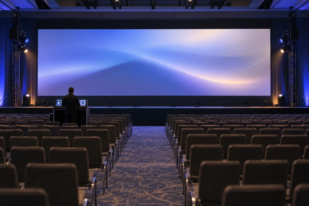 Concept wide scene of an operator checking presentation content on a venue display; not an actual installation, verified model or signal-path diagram.
