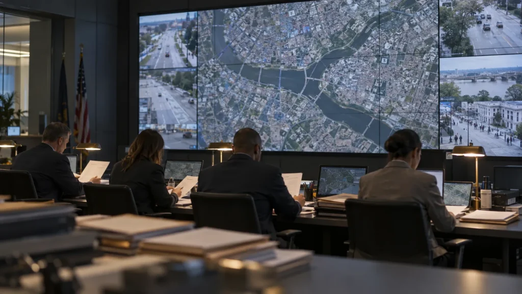 Concept scene of a government procurement team reviewing a compliance packet in a control-room meeting area while a large LED wall shows a muted city map and live camera views; not an actual installation, product or certification evidence.