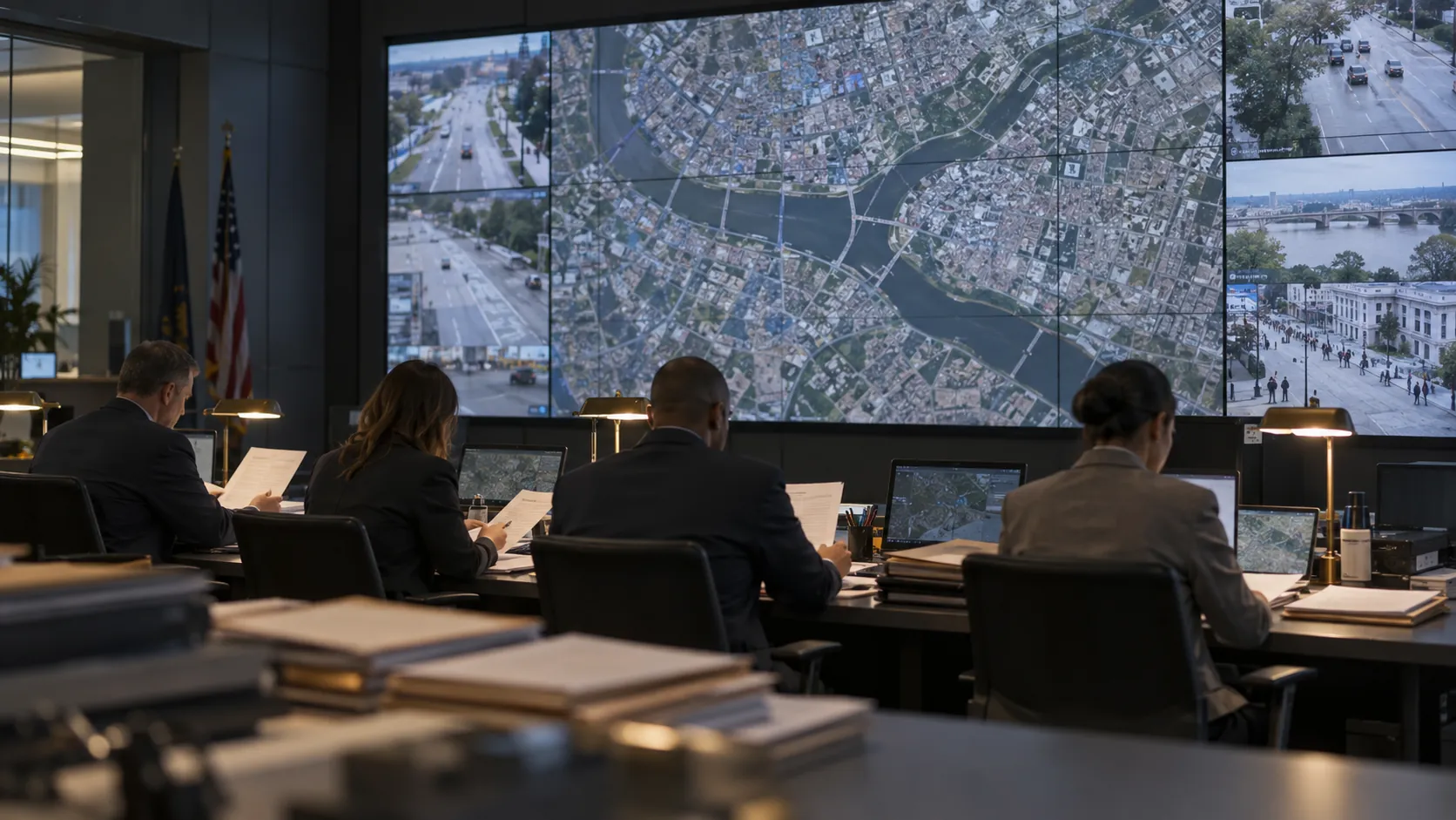 Concept scene of a government procurement team reviewing a compliance packet in a control-room meeting area while a large LED wall shows a muted city map and live camera views; not an actual installation, product or certification evidence.