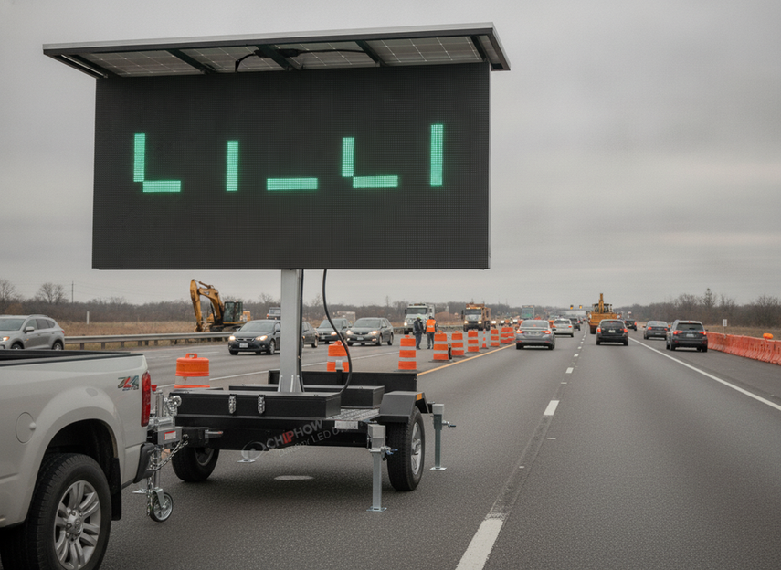Solar-powered variable message sign trailer displaying a message beside a highway work zone